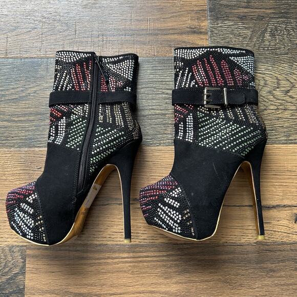 Alba Black Suede Rhinestone Platform High Heel Ankle Boots Size 6.5 Zip Stiletto - Picture 2 of 8